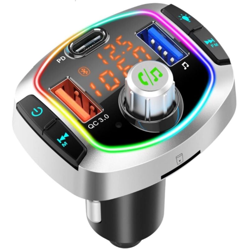 Fitags - Transmetteur fm Bluetooth, 7 Couleurs led Bluetooth 5.0 Voiture Adaptateur Radio Lecteur MP3 Kit, avec Chargeur Rapide de Voiture pd 18W &