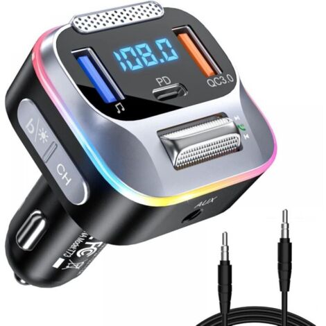 Transmetteur FM Bluetooth - Bluetooth 5.0 - Charge Rapide PD 20 W et QC 18 W - Haut-Parleur Intégré - Pour Voiture - 1 Pièce