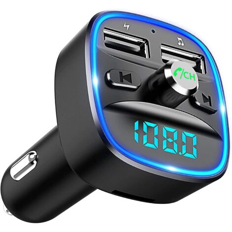 Transmetteur FM Bluetooth, Kit Bluetooth Voiture sans Fil Adaptateur Émetteur Radio avec Appel Mains Libres Dual USB Ports 5V/2.4A & 1A, Support Carte SD, Clé USB (Lampe d’Anneau Bleue)