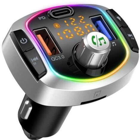 Transmetteur FM Bluetooth, Kit Main Libre Voiture Bluetooth avec Chargeur Allume Cigare USB QC3.0 + Type-C, Soutien Carte TF/Clé