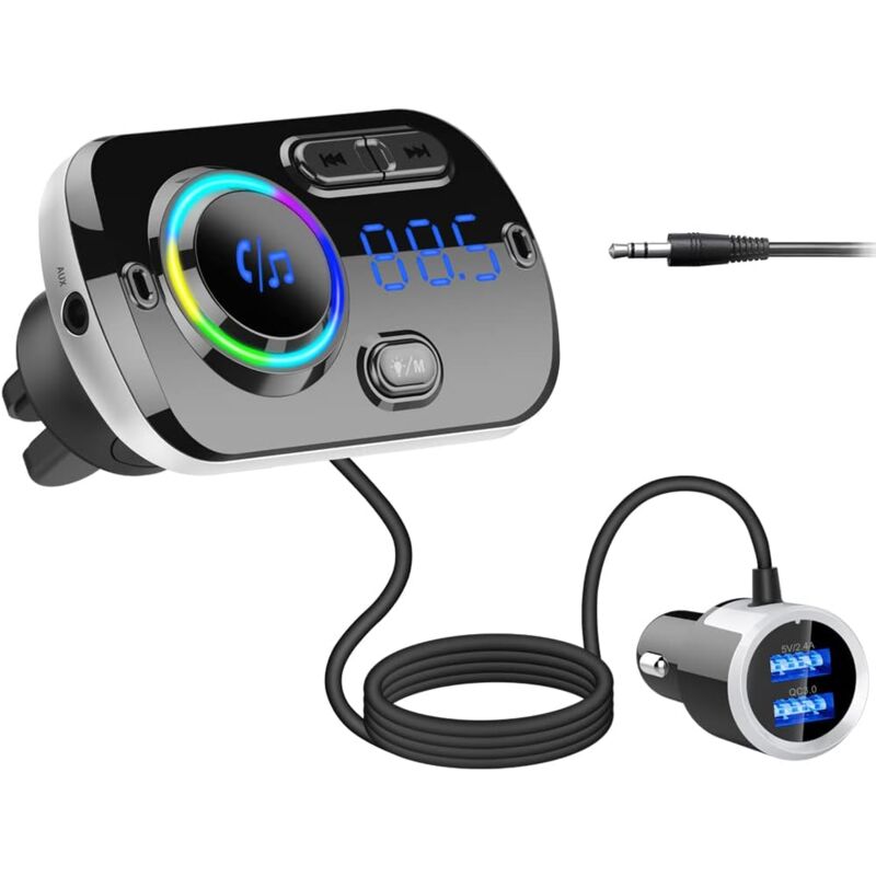 Transmetteur FM Bluetooth pour autoradio,Adaptateur Bluetooth 5.0 pour autoradio Récepteur avec Chargeur Allume-Cigare 7 Couleurs,QC3.0/2.4A,Siri