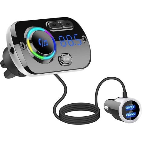 transmetteur Fm Bluetooth Pour Voiture, Rcepteur Adaptateur Autoradio Hidou Bluetooth 5.0 Avec Lumire 7 Couleurs, Kit De Chargeur De Voiture Usb Q