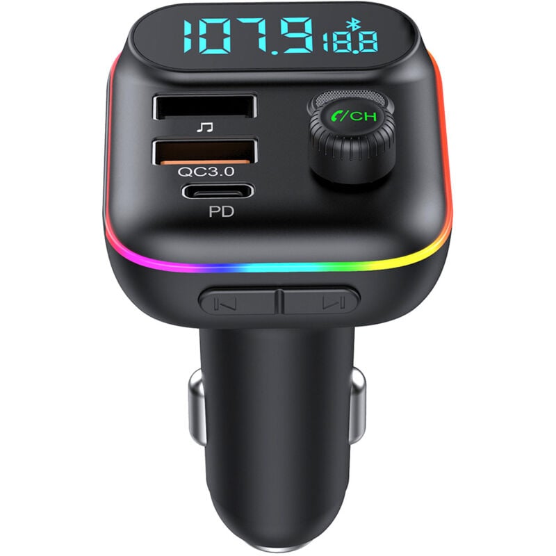 Transmetteur FM Bluetooth Voiture, Allume Cigare Bluetooth 5.0 Émetteur Radio, Chargeur Rapide de Voiture PD Type C+ QC3.0, Appels Mains Libres,