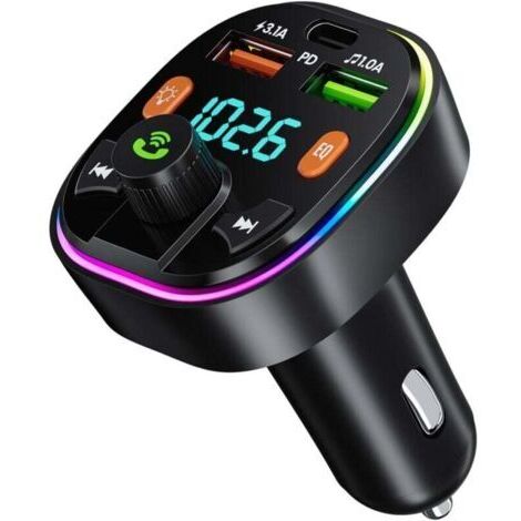 Transmetteur FM Bluetooth Voiture, Allume Cigare Bluetooth Adaptateur Bluetooth Voiture Type-C PD 20W & QC 3.0 Chargeur Rapide de Voiture Appels Mains Libres MP3 Support U Disk