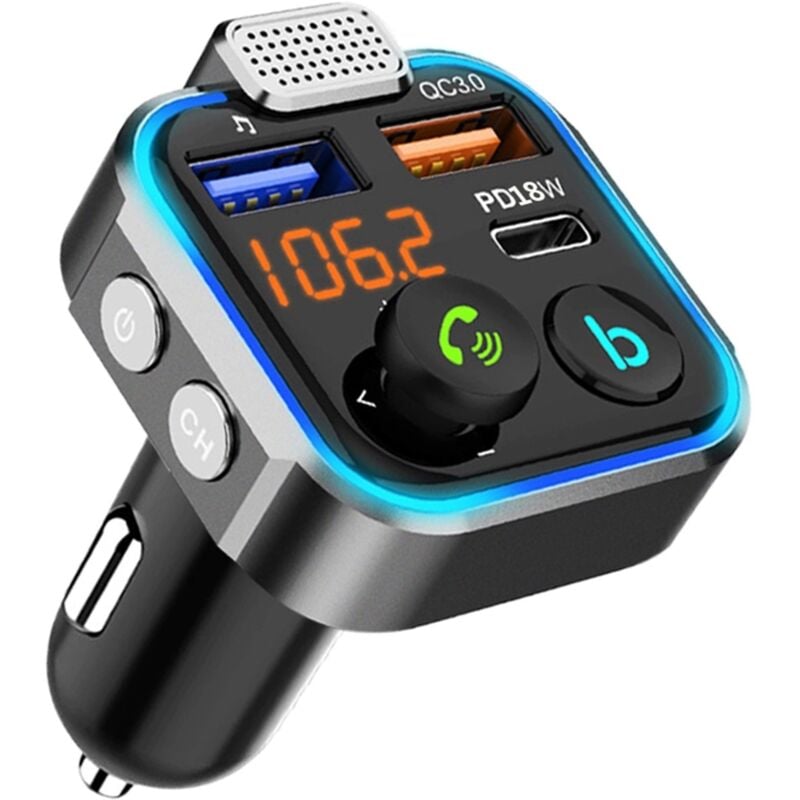 Transmetteur FM Voiture, Allume Cigare Bluetooth 5.3 Émetteur Radio, Chargeur Rapide PD 20W Type C+ QC3.0, Appels Mains Libres, Lecteur de Musique