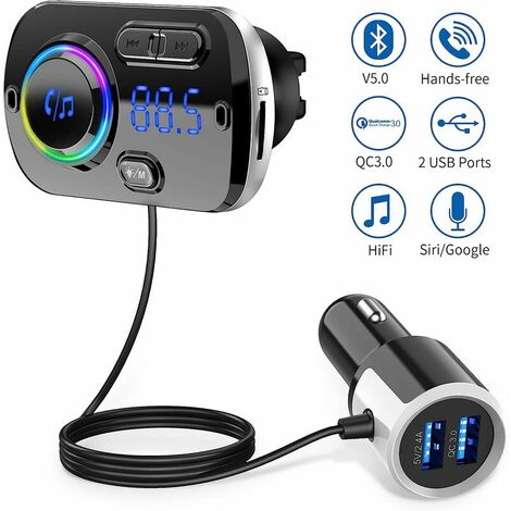 Transmisor FM Bluetooth 5.0 Adaptador de radio inalámbrico Kit de manos libres para automóvil, QC3.0 y 5V / 2.4A Cargador rápido para automóvil 2 puertos USB Soporte de luz colorida Tarjeta Siri TF Pu