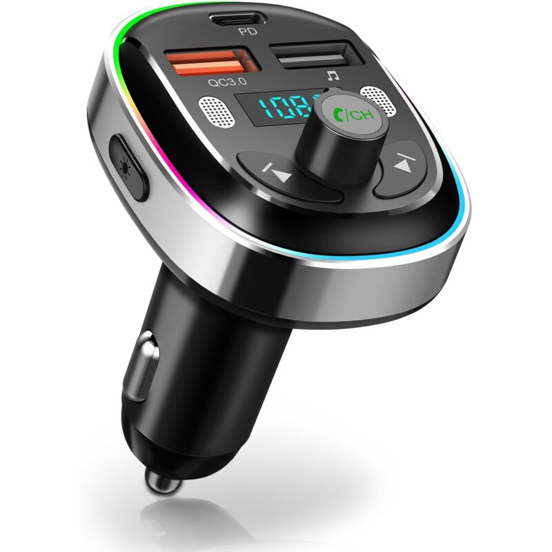 Transmisor FM Bluetooth 5.3, Adaptador Bluetooth para automóvil Adaptador de Radio Tipo C PD 30W y QC 3.0 Cargador rápido para automóvil Llamada