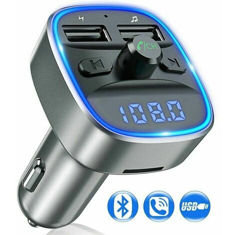 Transmisor FM Bluetooth, adaptador de autorradio con micrófono y 2 cargadores USB, pantalla D, kit manos libres para coche
