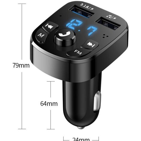 Transmisor FM Bluetooth para coche, adaptador receptor de radio con iluminación ambiental azul, función manos libres y cargador USB doble.