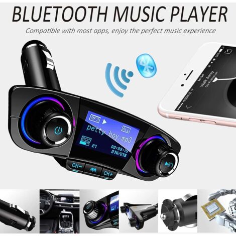 Transmisor FM Bluetooth para coche, reproductor de MP3, adaptador de audio manos libres con interfaz USB dual, unidad flash USB, tarjeta TF e interfaces de entrada/salida AUX.