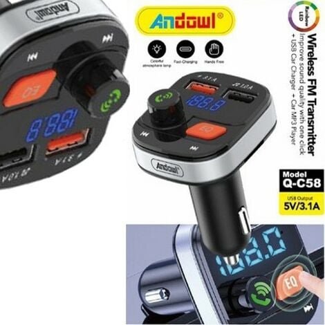 Bluetooth Coche, Transmisor FM, Musica Mechero Reproductor con MP3, 2  Puertos USB, Adaptador Encendedor con Conector Auxiliar, Manos Libres