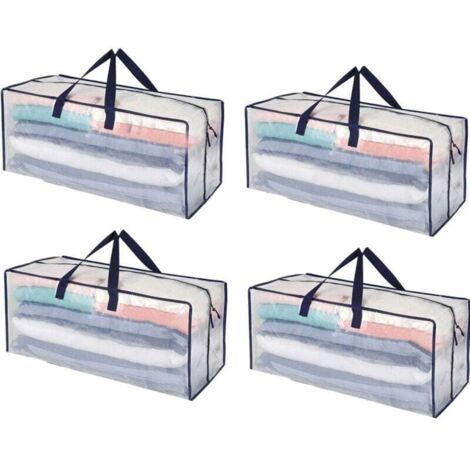(Transparent, Lot de 4)Lot de 4 Sac Rangement Vêtements grand, Sacs Déménagement Pliable avec Sangles de Sac à Dos et Poignées Solides, Alternatives aux Cartons de Déménagement