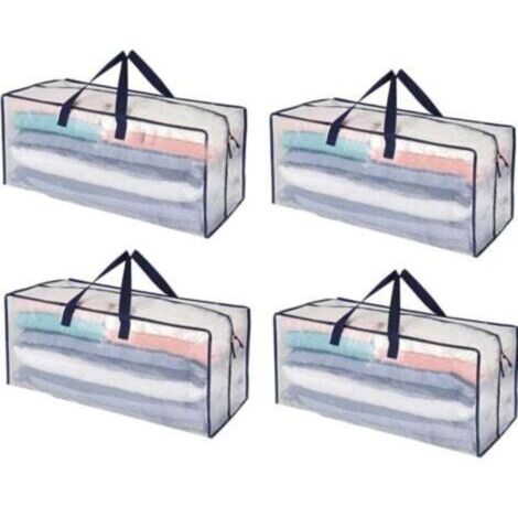 (Transparent, Lot de 4)Lot de 4 Sac Rangement Vêtements grand, Sacs Déménagement Pliable avec Sangles de Sac à Dos et Poignées Solides, Alternatives aux Cartons de Déménagement