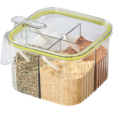 Transparente Gewürzbox mit 4 Fächern, Deckel und Löffel – Grüner Küchenorganizer