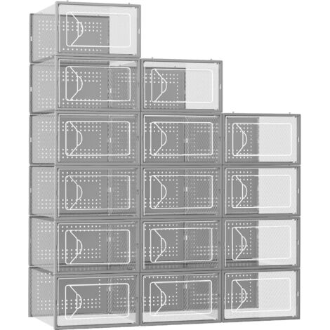 Transparente Schuhkartons mit grauem Rahmen, 33 x 23 x 14 cm, Set mit 15 stapelbaren Aufbewahrungsboxen aus durchsichtigem Kunststoff