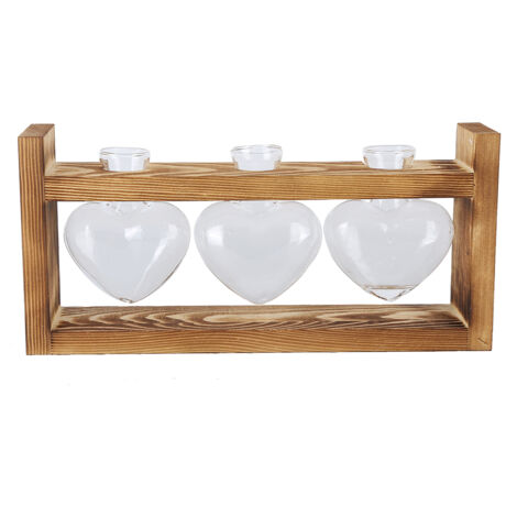 Transparente Tischvase mit Vintage-Holzrahmen – Moderne Wohndekoration (3 herzförmige Flaschen)