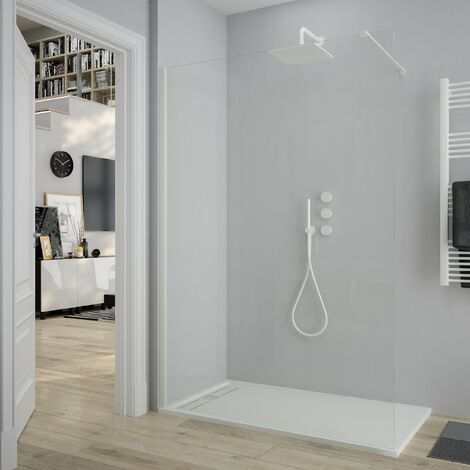 Transparenter Duschwand aus festem Glas – Glasstärke 8 mm – Höhe 200 cm – inklusive Kalkschutz – mattweißes Aluminiumprofil (140 cm)
