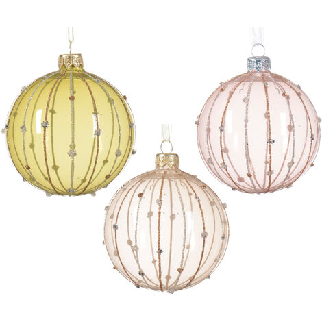 Transparenter glasierter Weihnachtsball mit gepunkteten und vertikalen Glitzerlinien, 3-farbiger Sortiment, ø 8cm