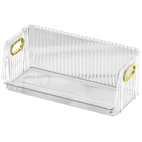 Transparenter PET-Schreibtischorganizer, moderne und elegante Aufbewahrungsbox für Make-up und Tassen, stapelbar und goldfarben.