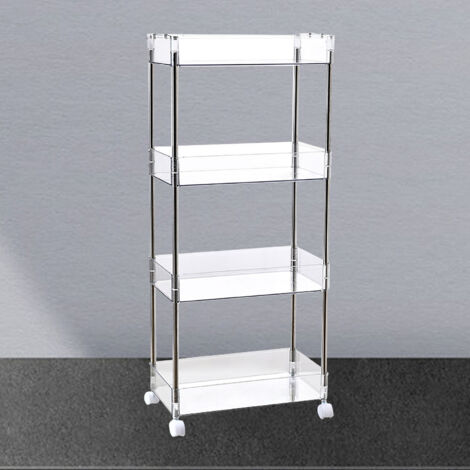 Transparentes Acryl-Regal mit Rollen, 4 mobile Ablagen für Kosmetik und Snacks, 86,2 x 37 x 20,5 cm