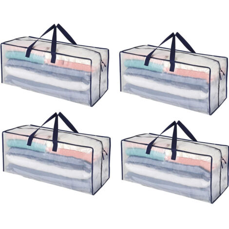 (Transparentes, juego de 4) Juego de 4 bolsas grandes para guardar ropa, bolsas de mudanza plegables con correas de mochila y asas resistentes, alternativas a las cajas de mudanza