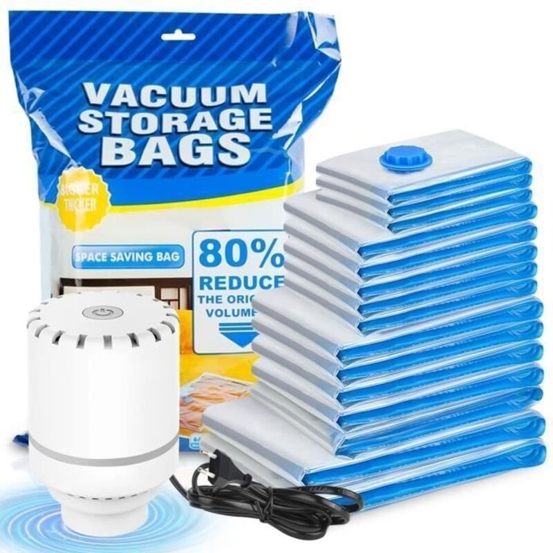 (Transparent)Lot de 15 Sac de Rangement sous Vide Avec Pompe électrique Sac Housse Sous Vide Voyage