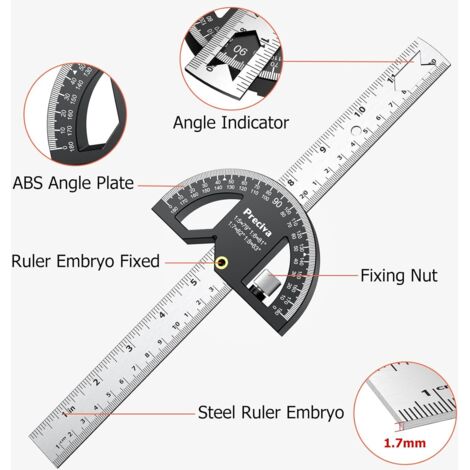 Transportador de ángulos, regla de marcado y medición para carpintería, herramienta de regla de acero inoxidable de 300 mm para carpintería, buscador de ángulos de 0-180° para pintura, dibujo y medici