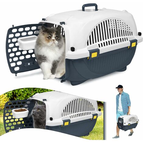 Transportbox Katze Hundebox Katzenbox aus Kunststoff, Katzentransportbox Transportbox Hund mit Tragegriff und Napf, für Kleine Haustiere bis zu 10 kg, 61 x 37 x 37 cm, 1 stück YARDIN
