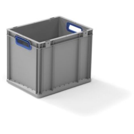 Transportstapelbehälter L400xB300xH320mm grau PP offener Griff blau Seitenwände geschlossen