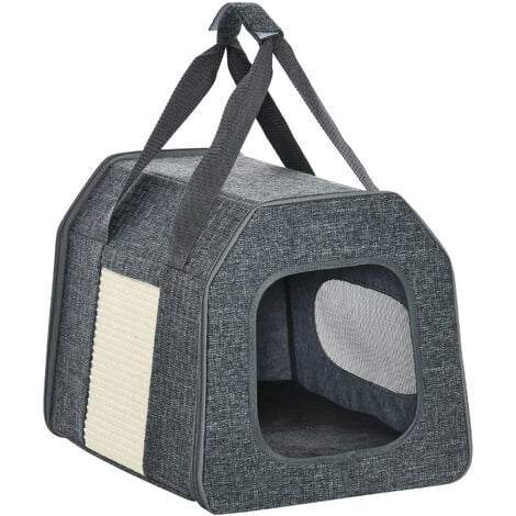 Transporttasche für Katzen, faltbar, mit Liegekissen, Netzfenster, Kratzmatte, grau, 40,5 x 30 x 31 cm