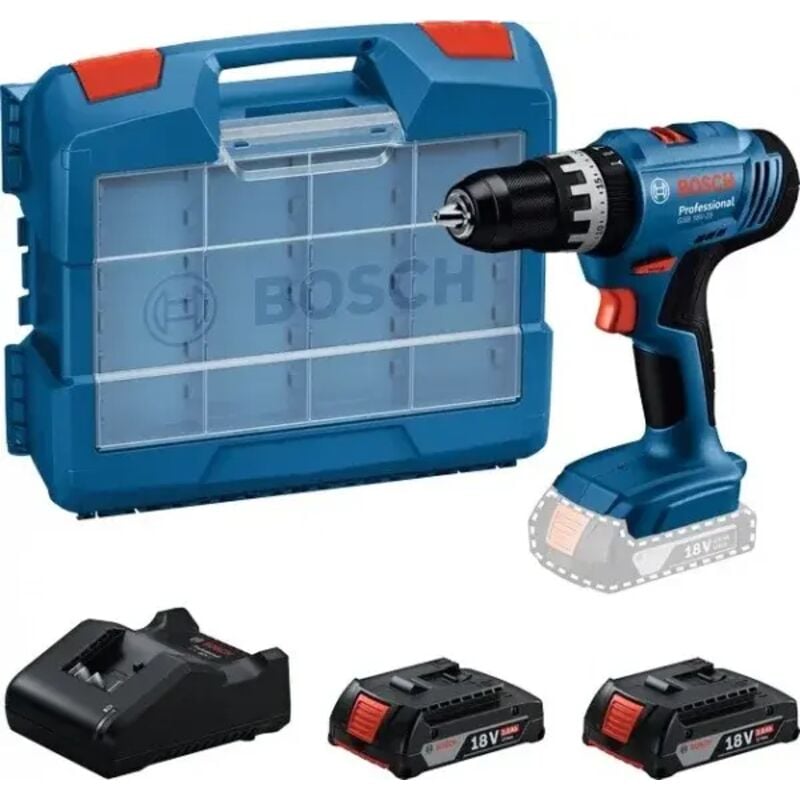 Trapano a percussione a batteria Bosch GSB 18V-25, 2x 2,0 Ah e caricabatterie in valigetta a L