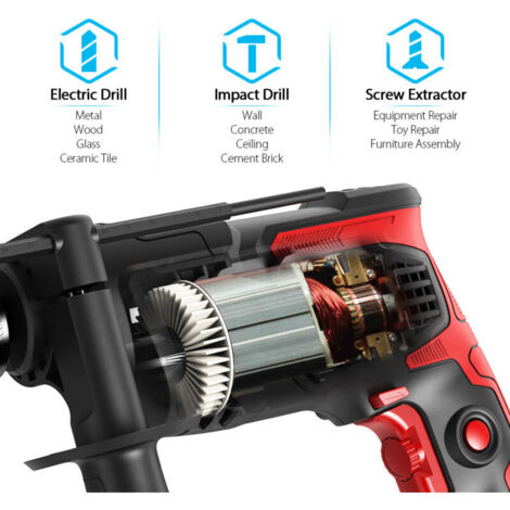 Trapano a percussione con filo da 850 W, trapano elettrico, funzione 2 in 1, 0-3000 giri/min, impugnatura girevole a 360°, mandrino da 13 mm, per calcestruzzo, metallo e legno.