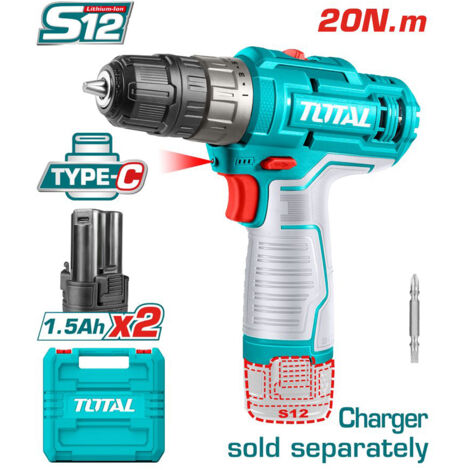 TRAPANO AVVITATORE A BATTERIA 12 V - 20 Nm + 2 BATTERIE 1,5Ah TYPE-C TOTAL