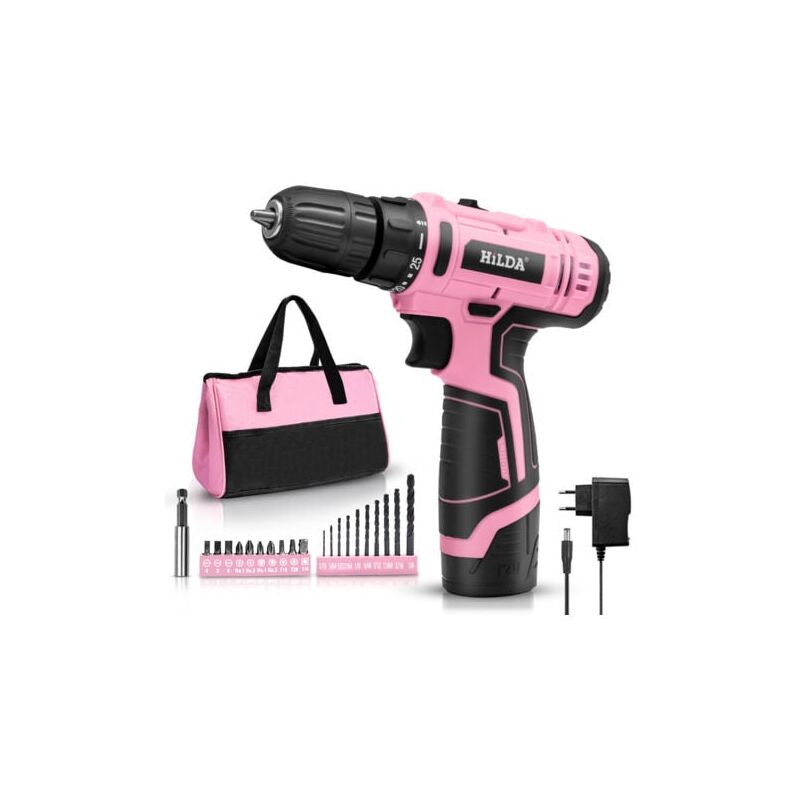 Image of SNQ - Trapano Avvitatore a Batteria: Trapano Avvitatore a Batteria 12V, Cacciavite a Batteria Rosa, 21 Accessori, Luce led, con Adattatore