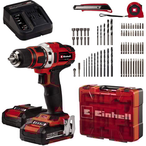 Einhell Set Trapano Percussione con Batterie TE-CD 18/40 Li-i +64, 2x2.0 Ah, PXC, 18V, 40Nm, Sistema Regolazione Giri, 2 Velocita, max 24.000 min-1, con Caricabatterie e Accessori