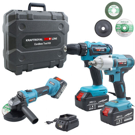 Trapano Avvitatore Smerigliatrice Kit 3pz Doppia Batteria 24V Con Valigetta