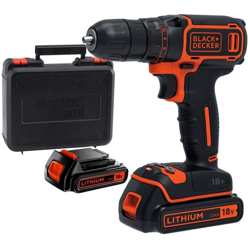 Black&decker - black+decker, Trapano/Avvitatore 18V - 1.5Ah con Doppia Batteria in Valigetta, Nero, 10,5 x 30,5 x 30,5 cm. BDCDC18KB-QW
