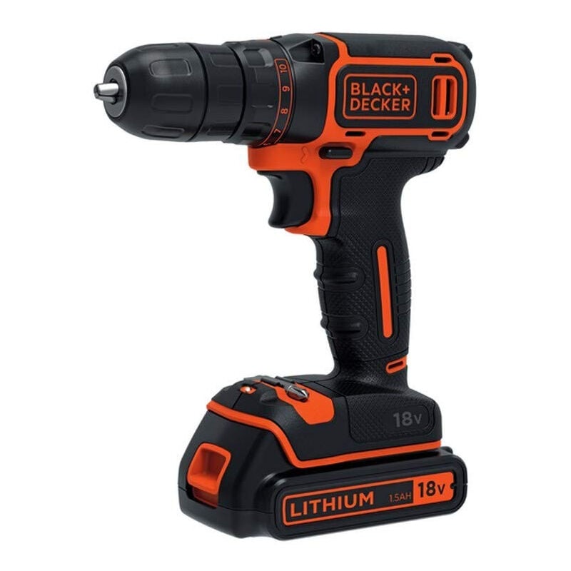Black+decker Trapano Avvitatore 18V 1.5Ah Doppia Batteria Mandrino 1-10mm