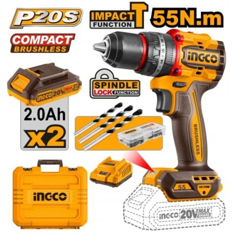 TRAPANO COMPACT BRUSHLESS 55Nm C/2 BATTERIE IN VALIGETTA INGCO