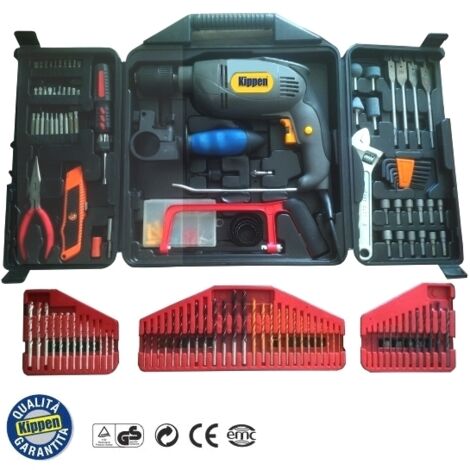 Trapano elettrico a percussione 1100W autoserrante 13mm in valigetta super-accessoriata 132 pz