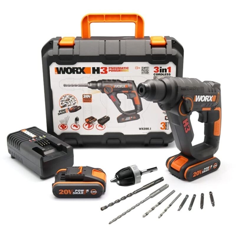 WX390.1 H3 Martello Pneumatico, Trapano e Avvitatore 20V - 2 Batterie da 20V da 2,0Ah Li-Ion - Worx