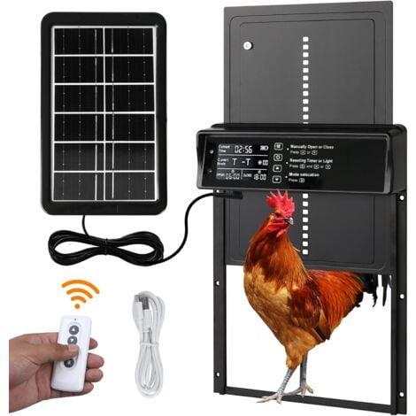 Trappe Solaire pour Poulailler,Porte Automatique Poulailler Solaire,Porte Poulailler avec Affichage LED, Capteur de Lumière, Telecommande, Commande de Minuterie