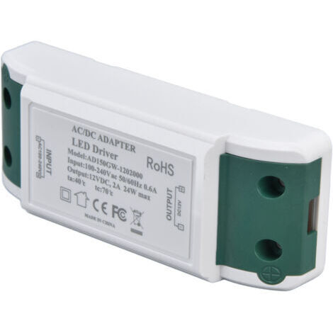 Trasformatore driver LED da 12 V 24 W 2 A per strisce LED e illuminazione di armadi, in ABS ignifugo, con protezione da sovracorrente e cortocircuito - AC 100-240 V