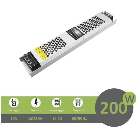 Trasformatore ultrasottile 12V 200W 16.7A alimentatore salvaspazio per strip strisce led telecamere