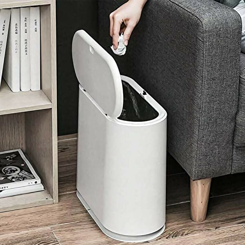 Trash Can, 10 Liter / 2.4 Gallon Slim Plastic Trash Can with Snap Lid White Trash Bin for Kitchen Bathroom Living Room Office Narrow Space (White)