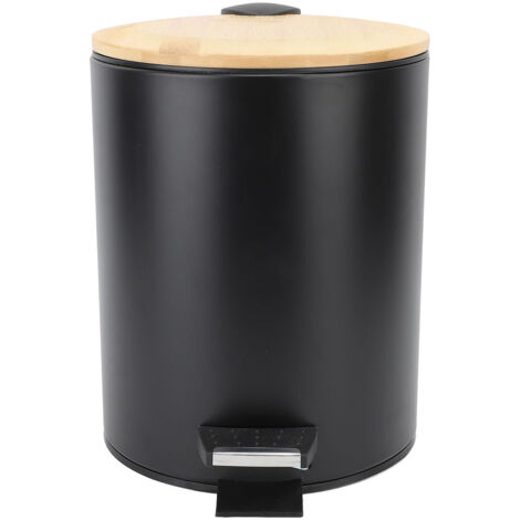 Trash Can Large Capacity Soft Close Bamboo Lid Round Waste Bin with Foot Pedal for Bathroom Kitchen Black 7L