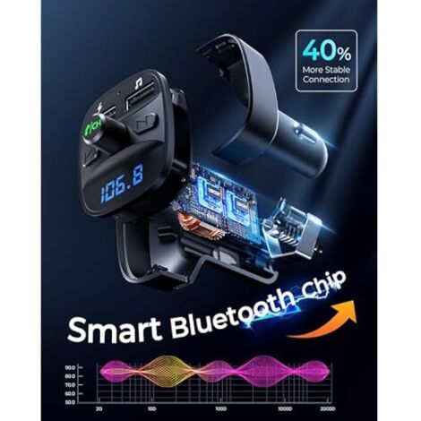 Trasmettitore FM Bluetooth per auto, adattatore audio per autoradio, sistema vivavoce Bluetooth per accendisigari, 2 porte USB, compatibile con schede SD e chiavette USB.