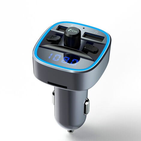 Trasmettitore FM Bluetooth per auto, adattatore ricevitore radio con illuminazione ambientale blu, funzione vivavoce e doppio caricatore USB.