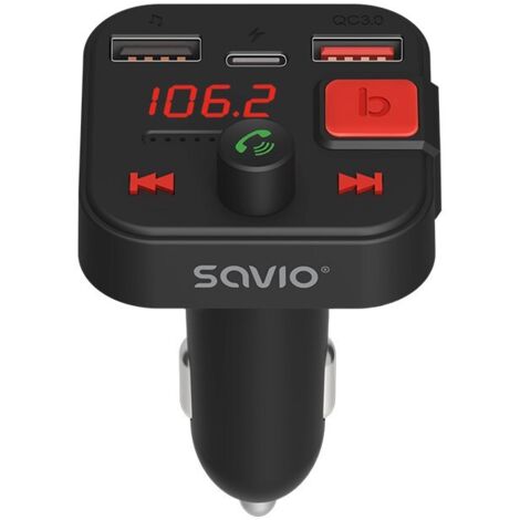 Trasmettitore FM Savio TR-15 con display, Bluetooth e caricabatterie PD USB-C USB-A, ricarica rapida, potenziamento dei bassi