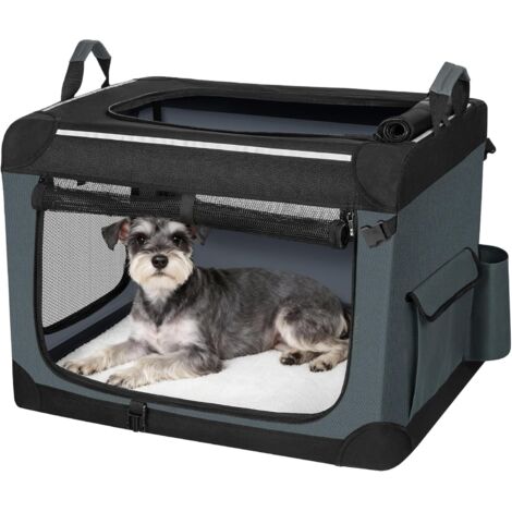 Trasportino per Cani Pieghevole, Trasportino per Cani Auto con Strisce Riflettenti e Tasca, Progettazione a Tre Porte con Cuscino Staccabile, Grigio